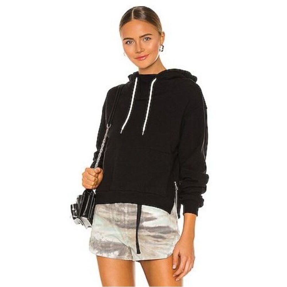 John Elliott Villain Cropped French Terry Side Zip Hooded Sweatshirt in Black
